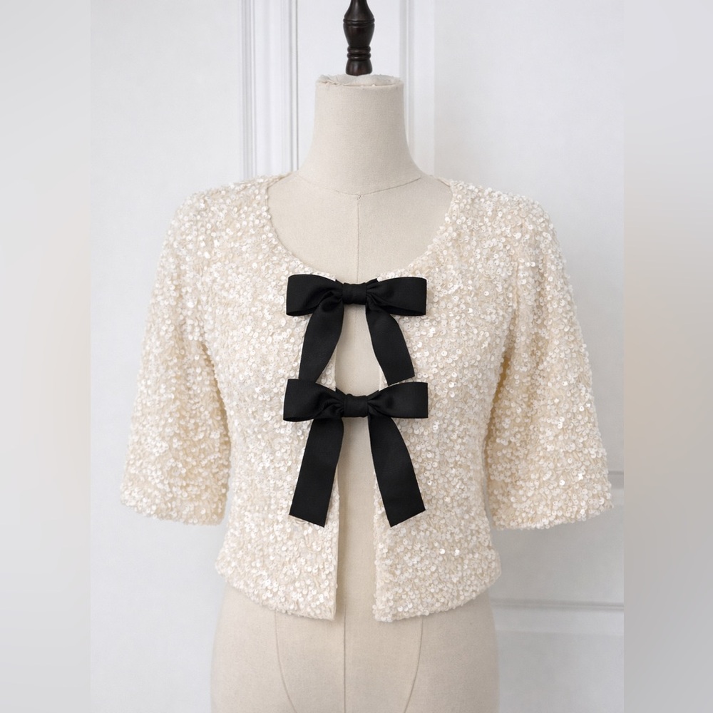 Thirty Thirty White Sequin Bow Front Jacket XS | New with Tags